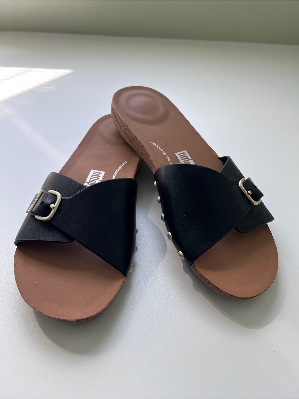 Fitflop Black Leather Slide Sandals with Buckle